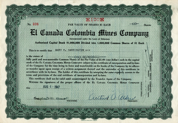 El Canada Colombia Mines Co. - Stock Certificate